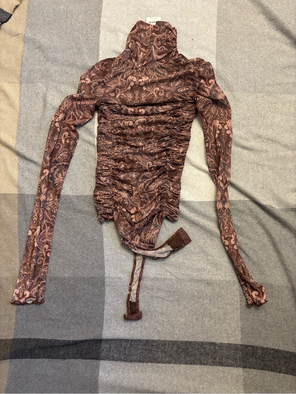 Free People Brown and Pink Paisley Long Sleeve Ruched Bodysuit